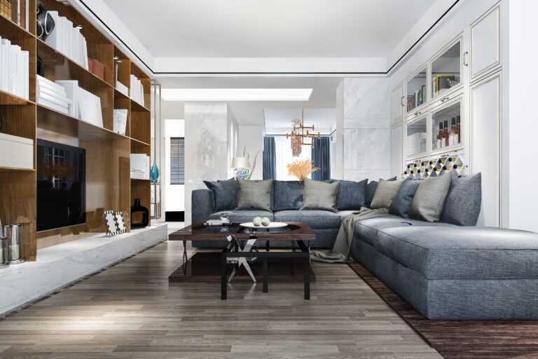 3d rendering wood classic living room with marble tile and bookshelf and sofa